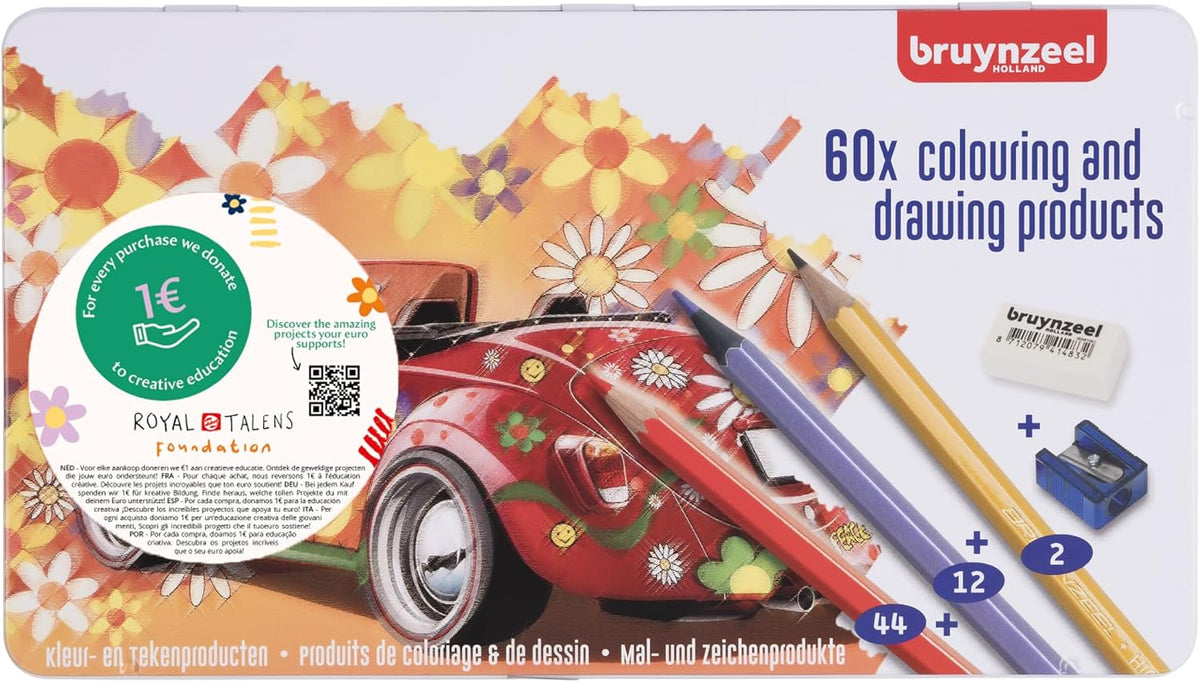 Bruynzeel painting set front view showcasing the 60-piece metal tin case