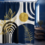 QGHOT Mid Century Modern Navy Blue Shower Curtain front view hanging in a styled bathroom setup.