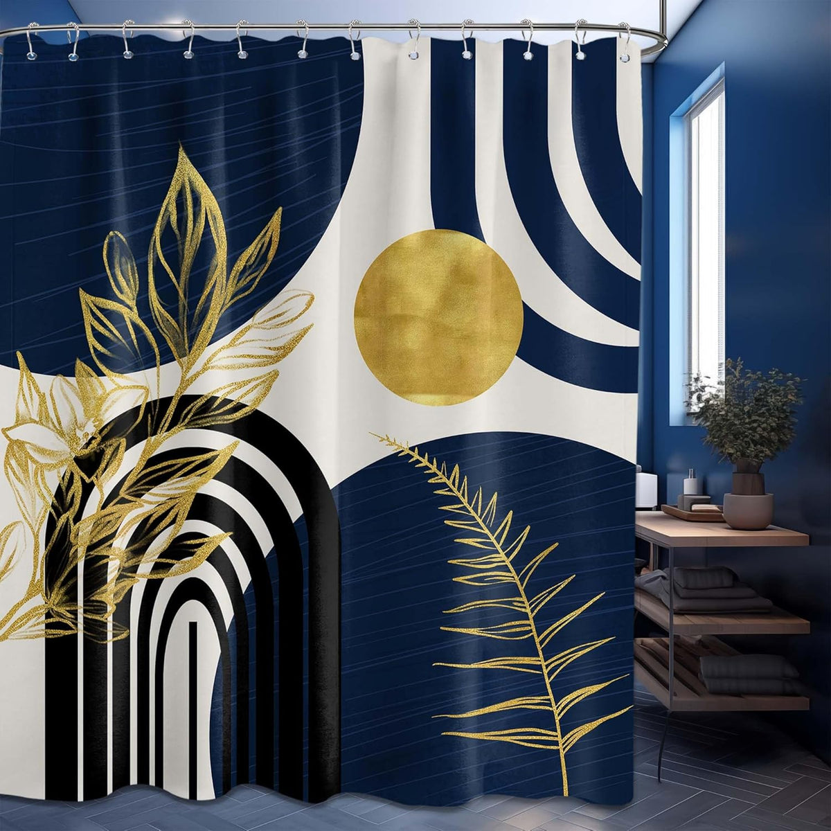 QGHOT Mid Century Modern Navy Blue Shower Curtain front view hanging in a styled bathroom setup.
