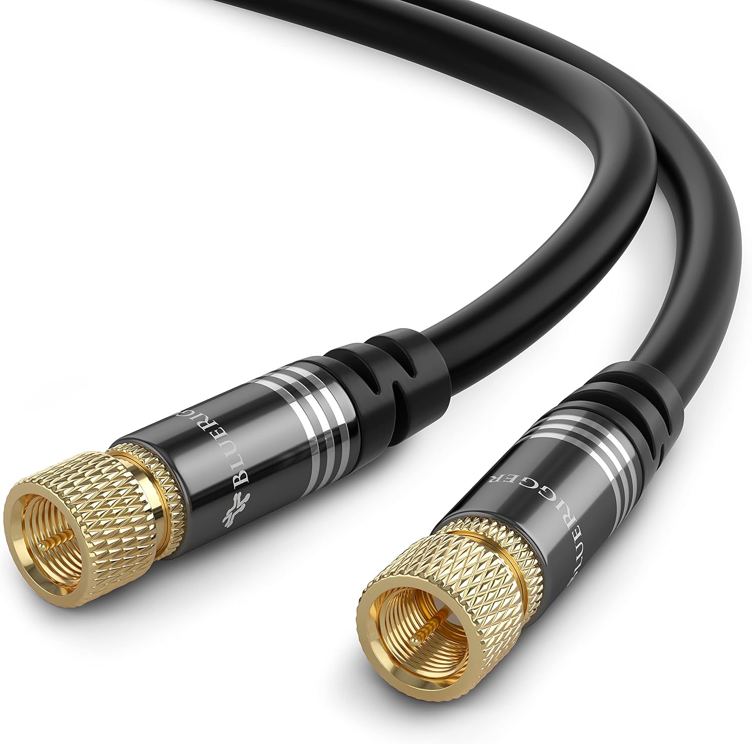 BlueRigger RG6 Coaxial Cable front view showcasing gold plated male F type connector pins
