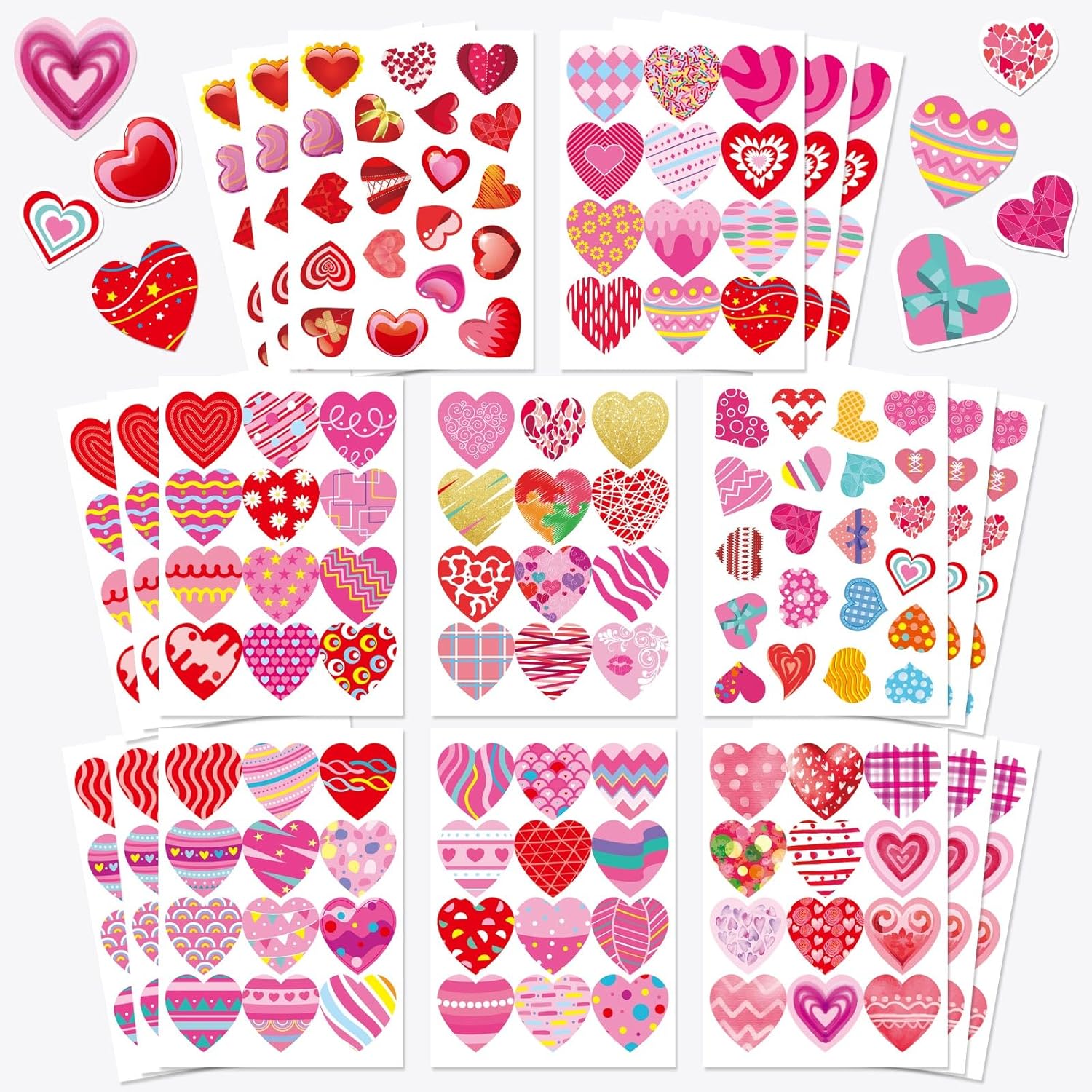 DUJAA Valentines Day Heart Stickers front view featuring multiple colorful patterned sticker sheets for kids crafts