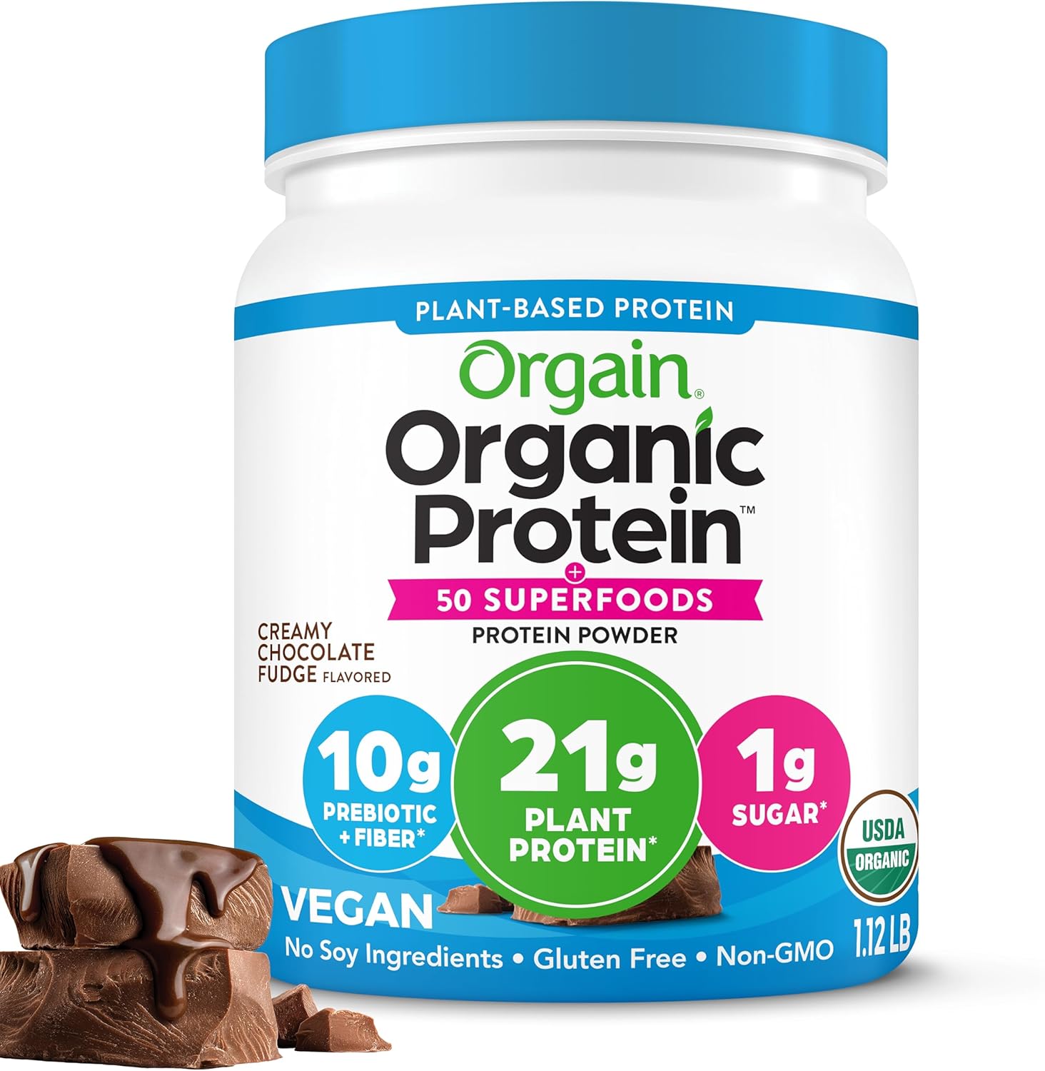 Orgain Organic Vegan Protein 50 Superfoods Creamy Chocolate Fudge front view
