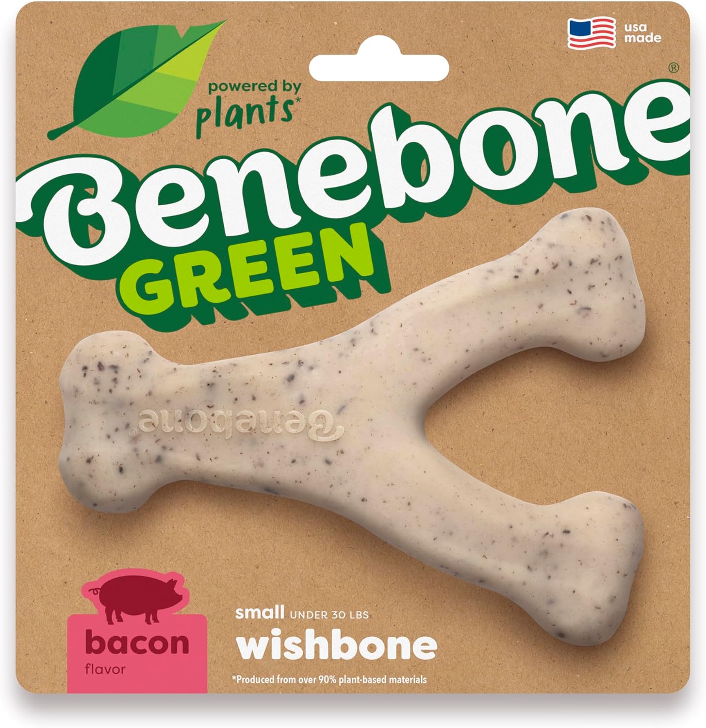 Benebone Green plant-based bacon wishbone dog chew toy front view for small dogs.