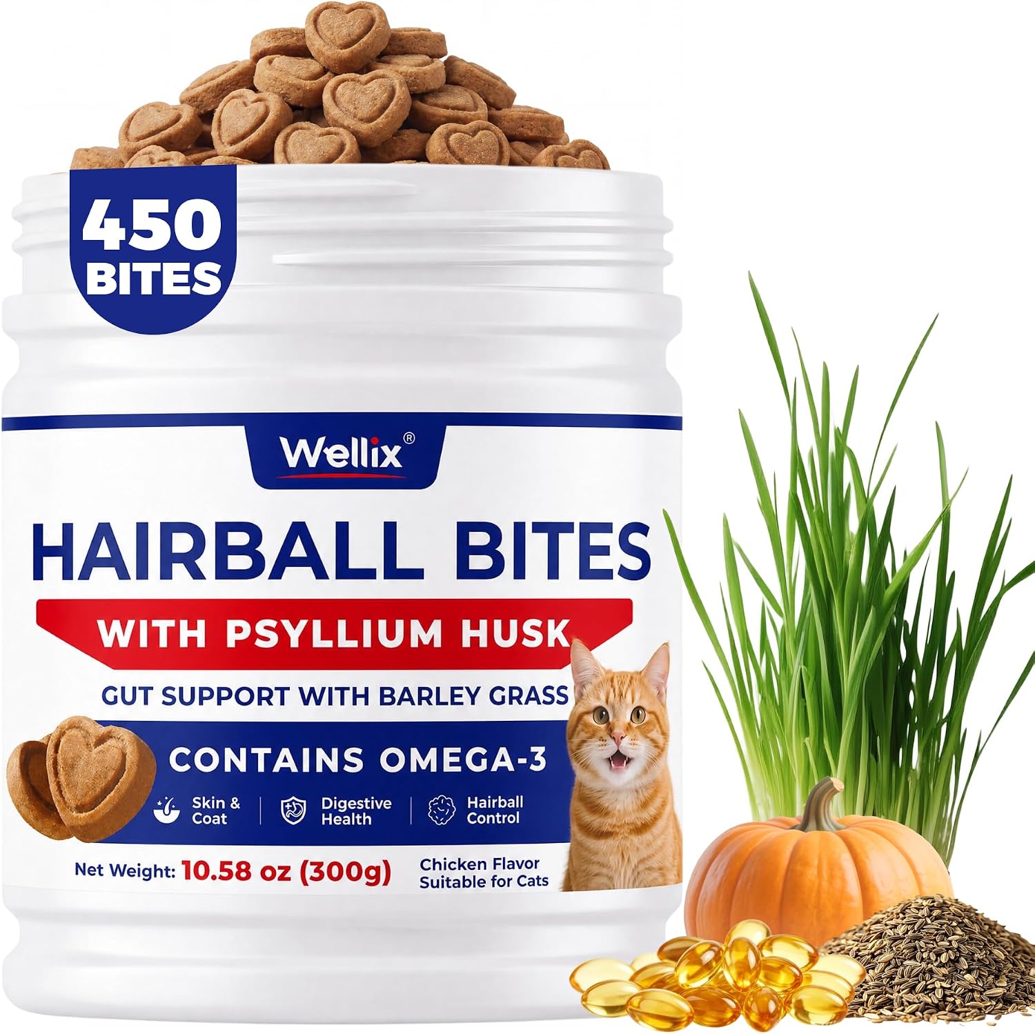 Wellix Hairball Bites for Cats front view jar of crunchy chicken cat treats