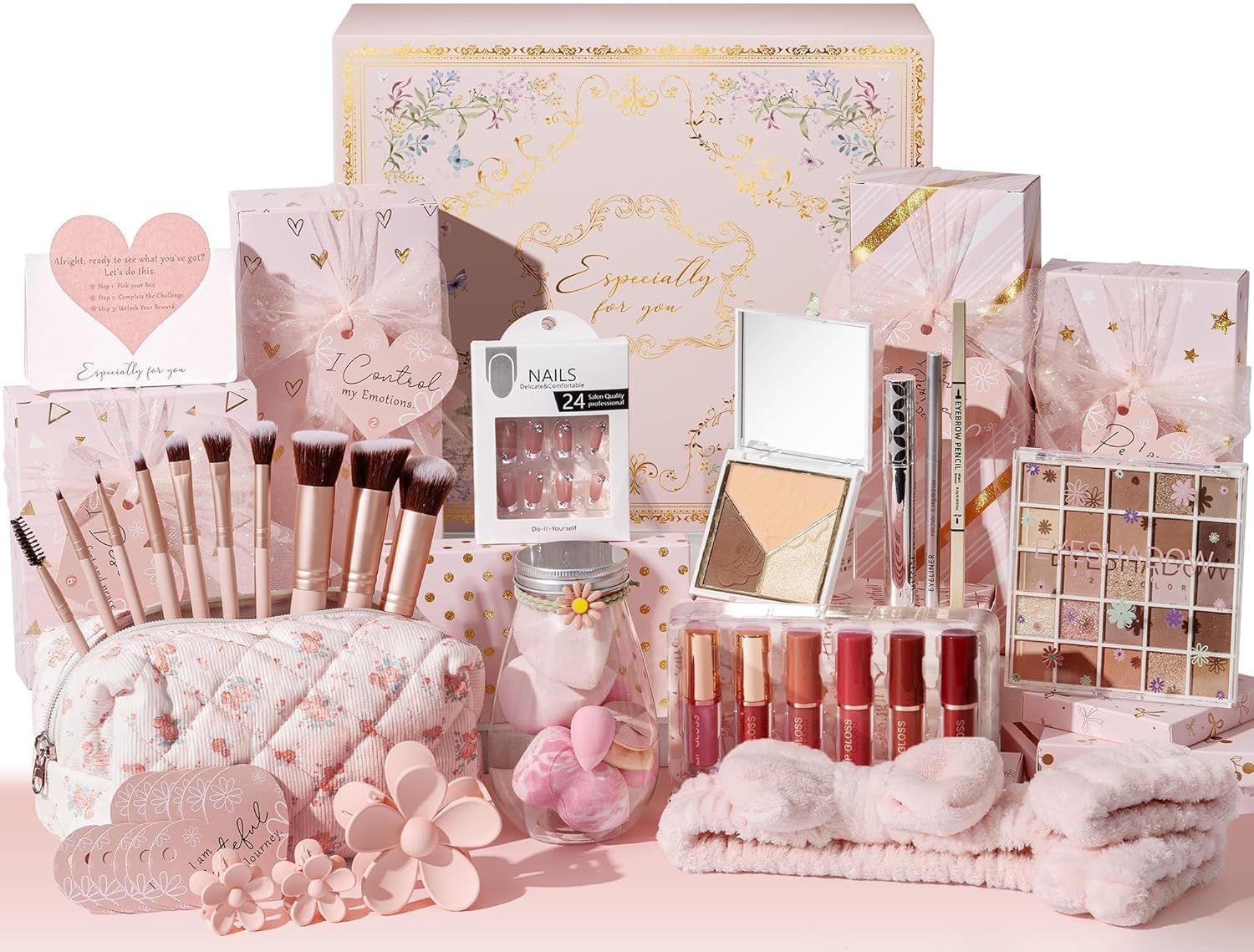 Teen Girl Gifts Trendy Stuff, 10 Positive Affirmation Cards & Empowering Challenges to Unlock 10 Wrapped Makeup Gift Set Motivational Birthday Valentines Day Gift Basket for Tween & Teenage Girls - Image 1