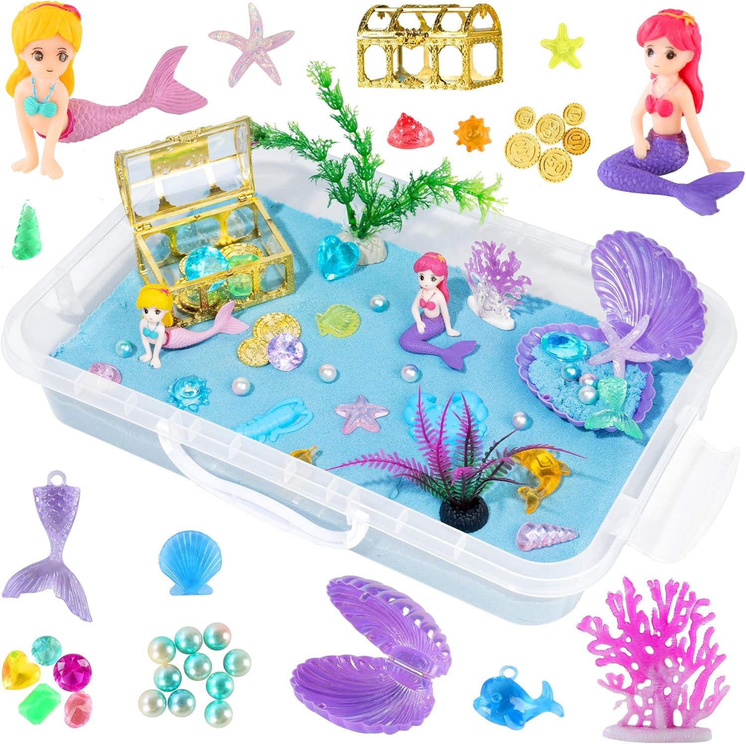Essenson Ocean Sensory Bin kit front view with blue sand and toys