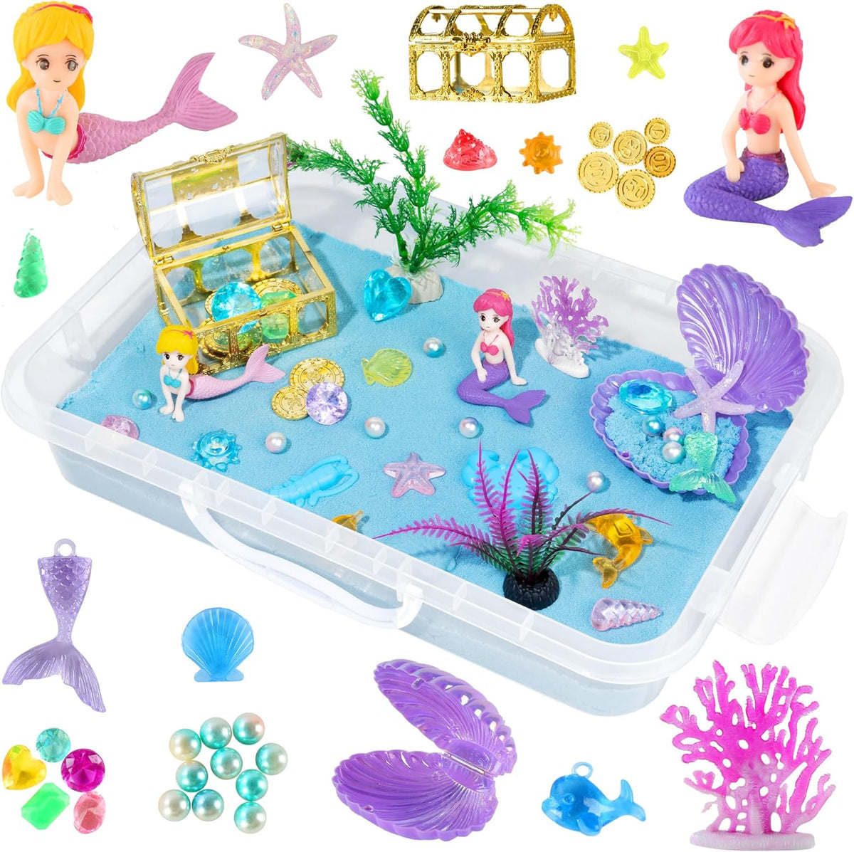 Essenson Ocean Sensory Bin kit front view with blue sand and toys