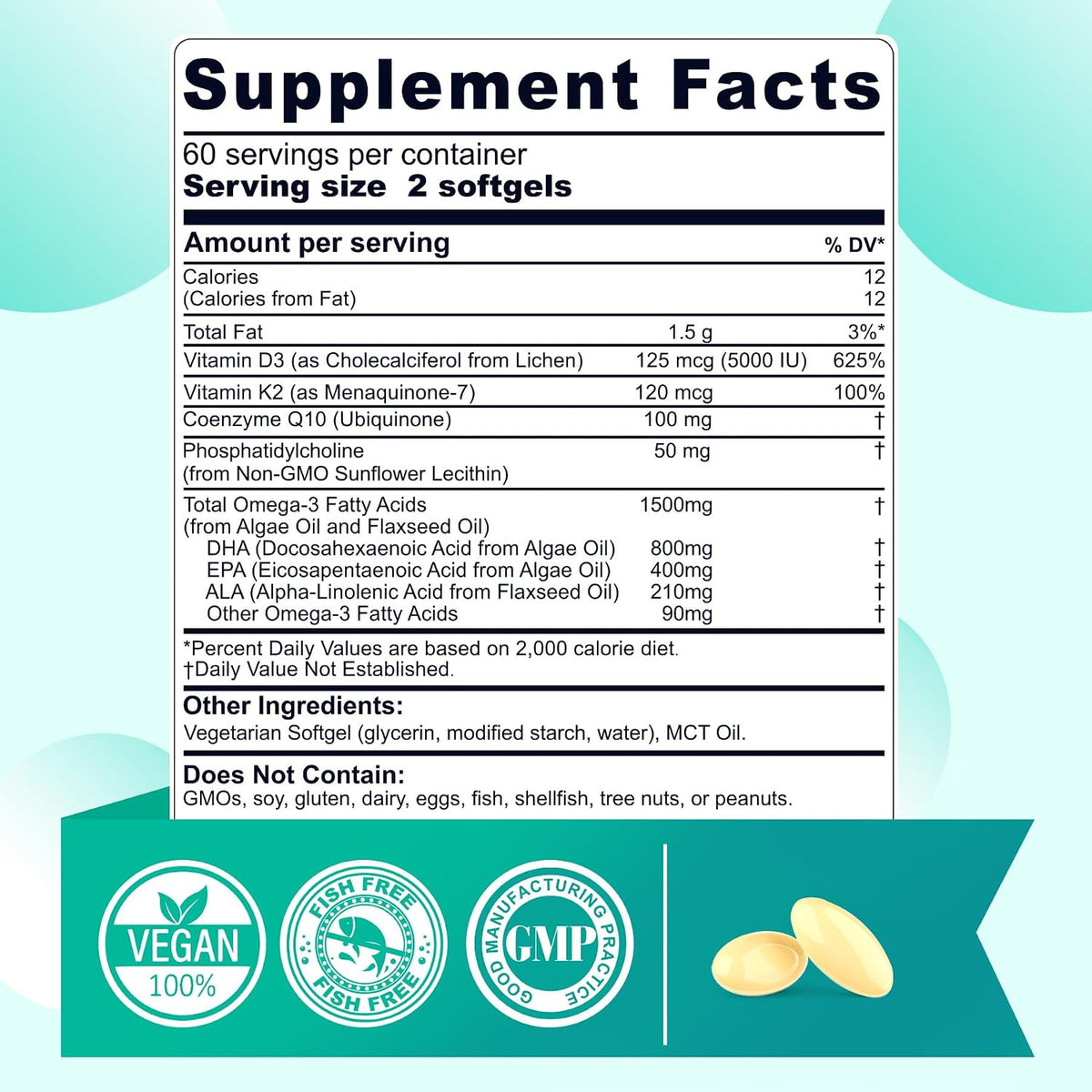 Nextdia Vegan Omega 3 supplement nutrition facts label
