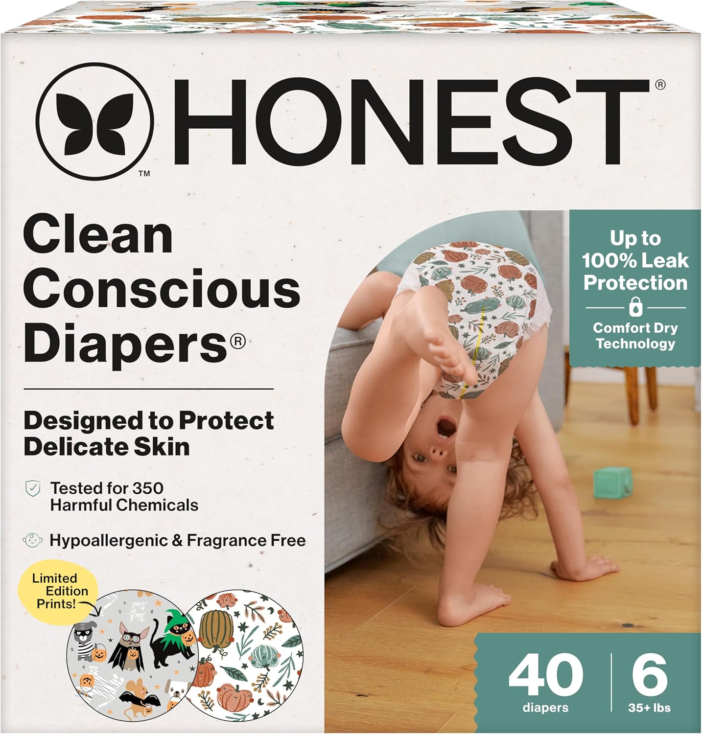 The Honest Company Comfort Dry Disposable Daytime Diapers for Sensitive Skin, Hypoallergenic, Fragrance-Free, Fall '25 Seasonal Prints, Club Box, Size 6 (35 lbs), 40 Count - Image 1