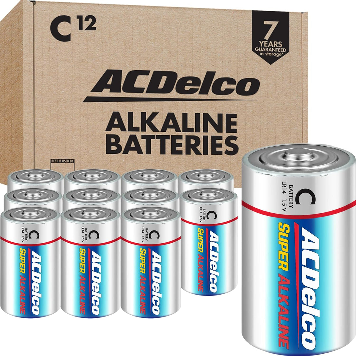Powermax ACDelco 12-count C super alkaline batteries front view packaging for high-drain devices