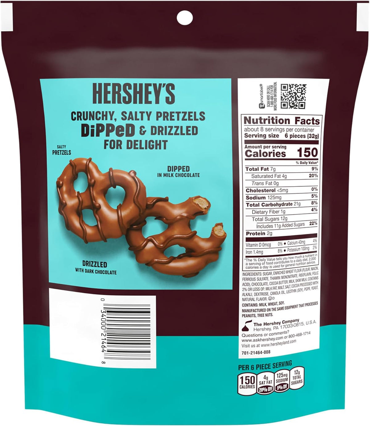 Close up of Hershey's chocolate covered pretzel with dark chocolate drizzle