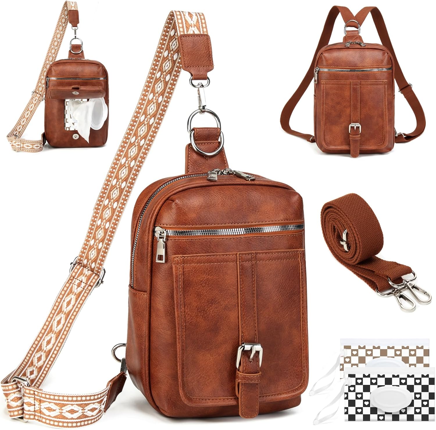 Myhozee sling bag crossbody backpack front view in premium brown vegan leather showing the multi pocket configuration.