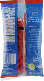 Back packaging of Red Vines Original Red Twists showing nutritional facts and ingredients list.