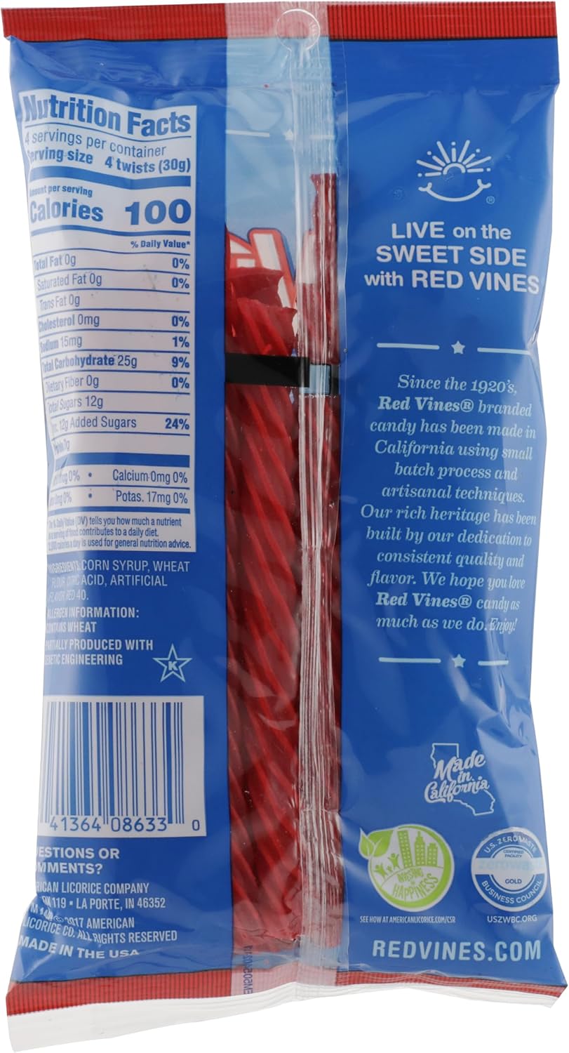 Back packaging of Red Vines Original Red Twists showing nutritional facts and ingredients list.