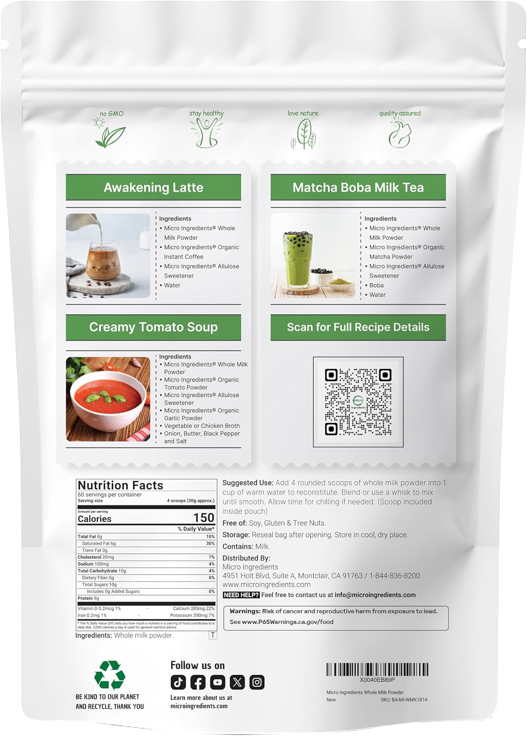 Micro Ingredients Whole Milk Powder nutritional facts label closeup