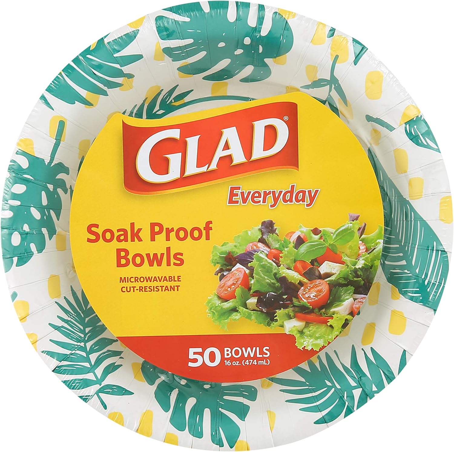 Glad Heavy Duty Disposable Paper Bowls with palm leaves design front view for leak proof food serving.