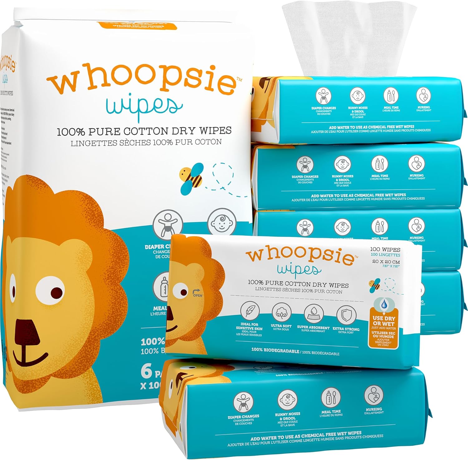 Whoopsie Wipes â€“ The Original 100% Pure Cotton Dry Baby Wipes â€“ Ultra Soft, Unscented, Chemical-Free Wipes for Sensitive Skin â€“ Use Dry or Add Water for Wet Wipes â€“ 6 Packs (600 Count) - Image 1
