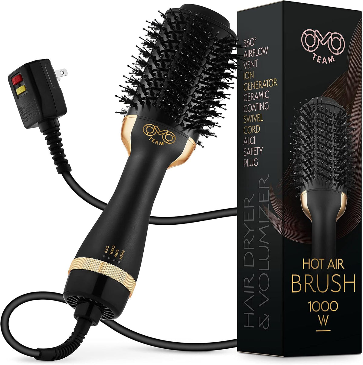 OMOteam professional blowout hair dryer brush front view showing black gold oval styling head