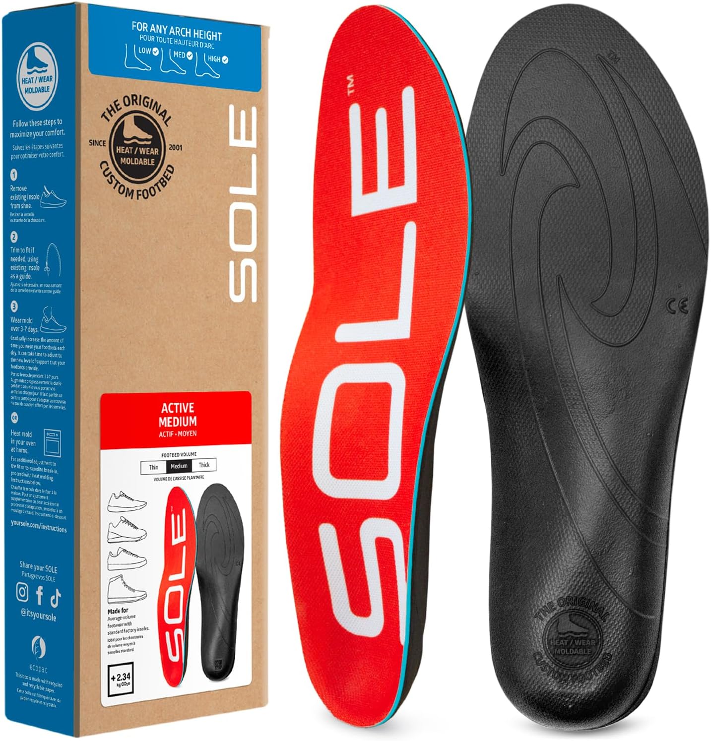 SOLE Active Medium Insoles - Custom Moldable Orthotic Support for Any Arch Type, Plantar Fasciitis Relief - Multiple Sizes - Image 1