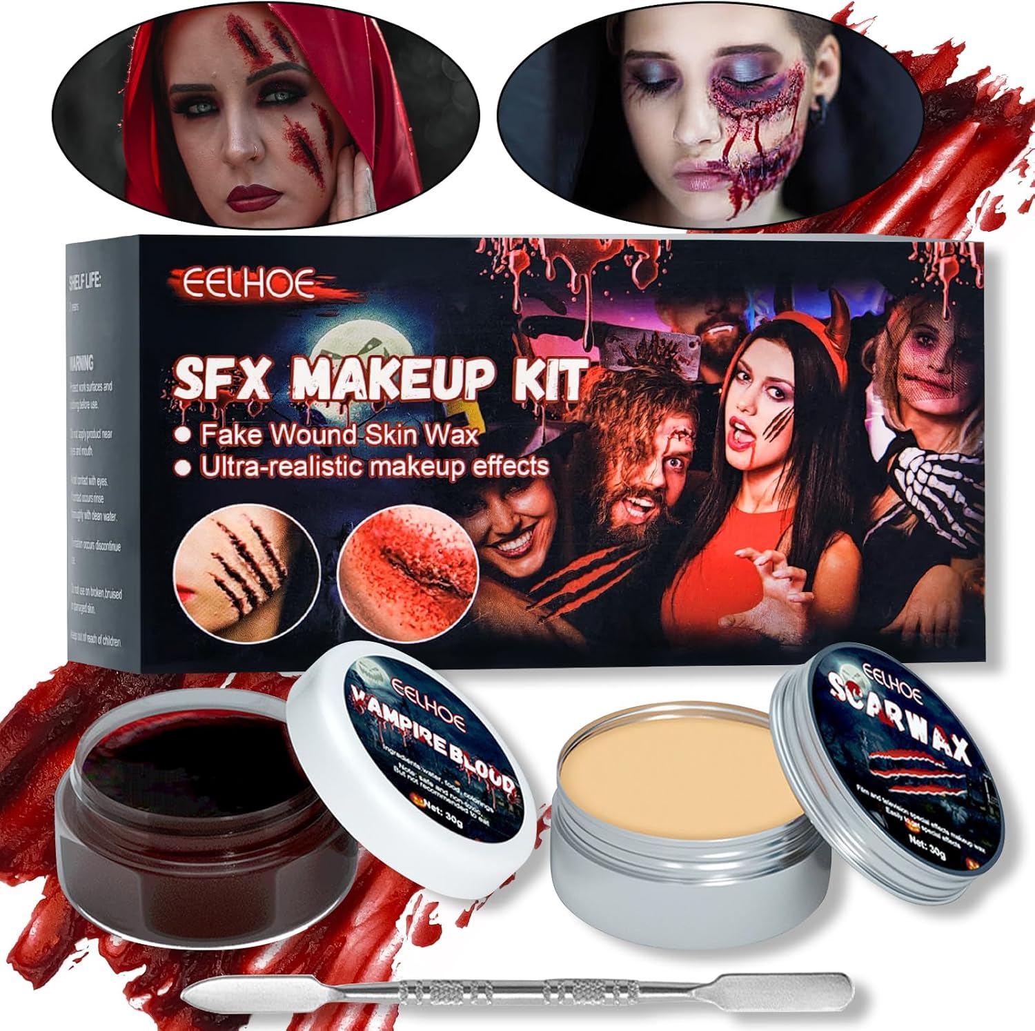 Gazaar Halloween Scar Wax SFX Makeup Kit front view showing the wax tin, blood gel container, and metal spatula.