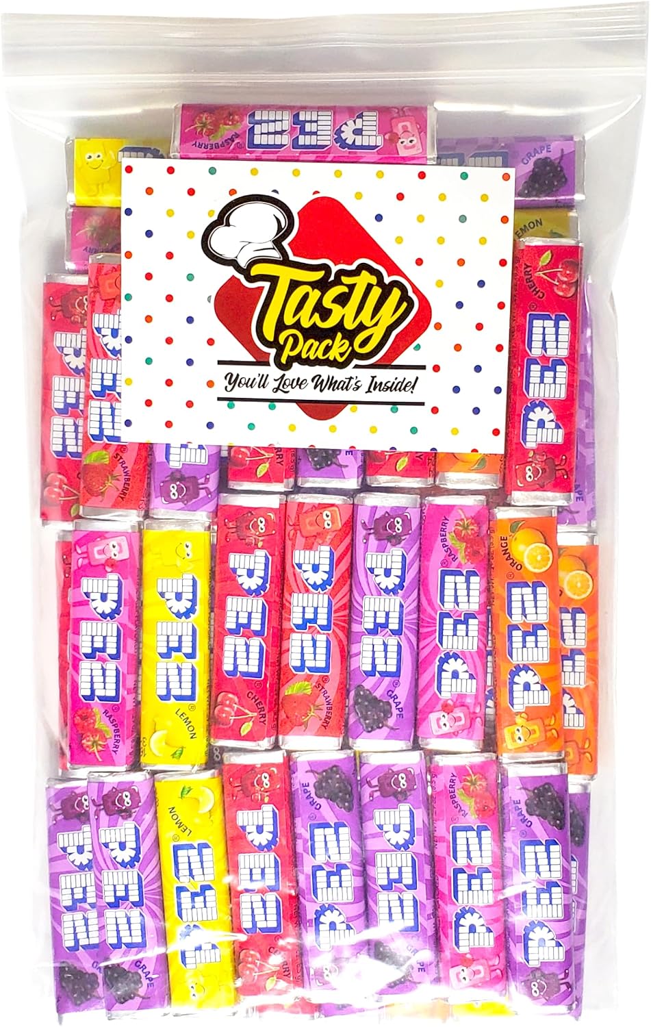 Six distinct fruit flavors of PEZ candy including cherry lemon raspberry orange strawberry grape