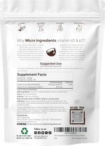 Micro Ingredients Vitamin D3 K2 softgels pouch back nutrition facts