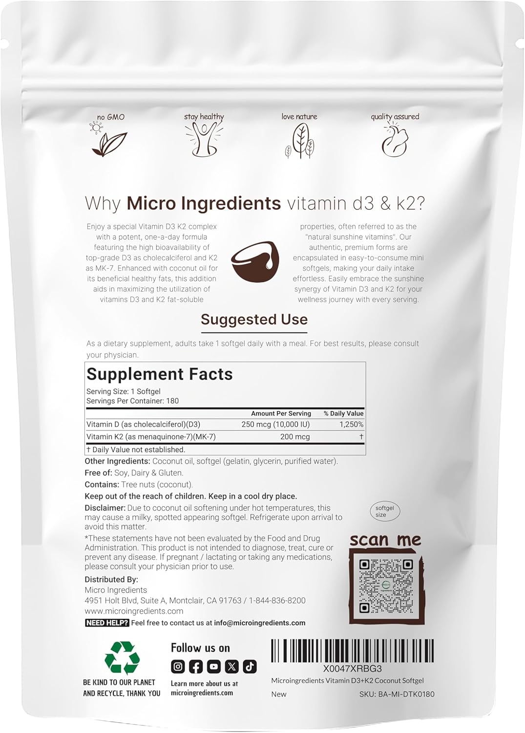 Micro Ingredients Vitamin D3 K2 softgels pouch back nutrition facts