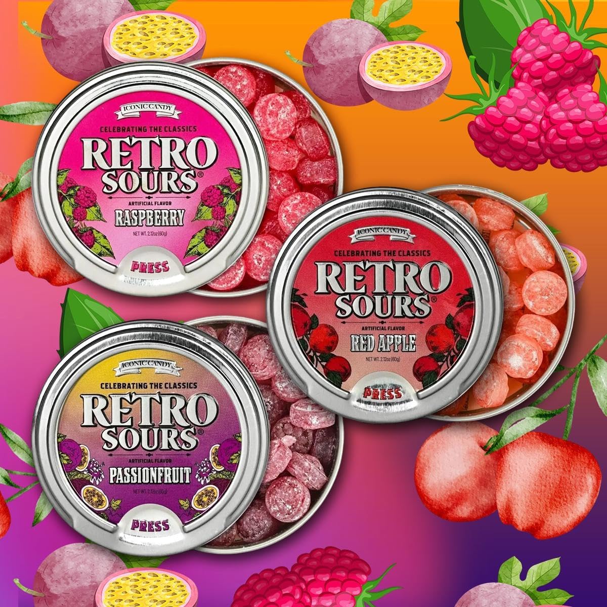 Retro Sours Hard Candy Variety Pack - Vintage Sour Candy Gift Set - 6 Tins of Tangy Fruit Flavors (Tangerine, Citrus, Mango, Raspberry, Apple & Passionfruit) - 6 Tins Variety Pack - Image 9