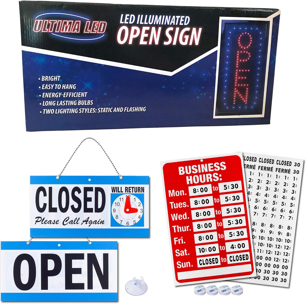 Ultima LED commercial window sign highlighting energy-efficient bulbs