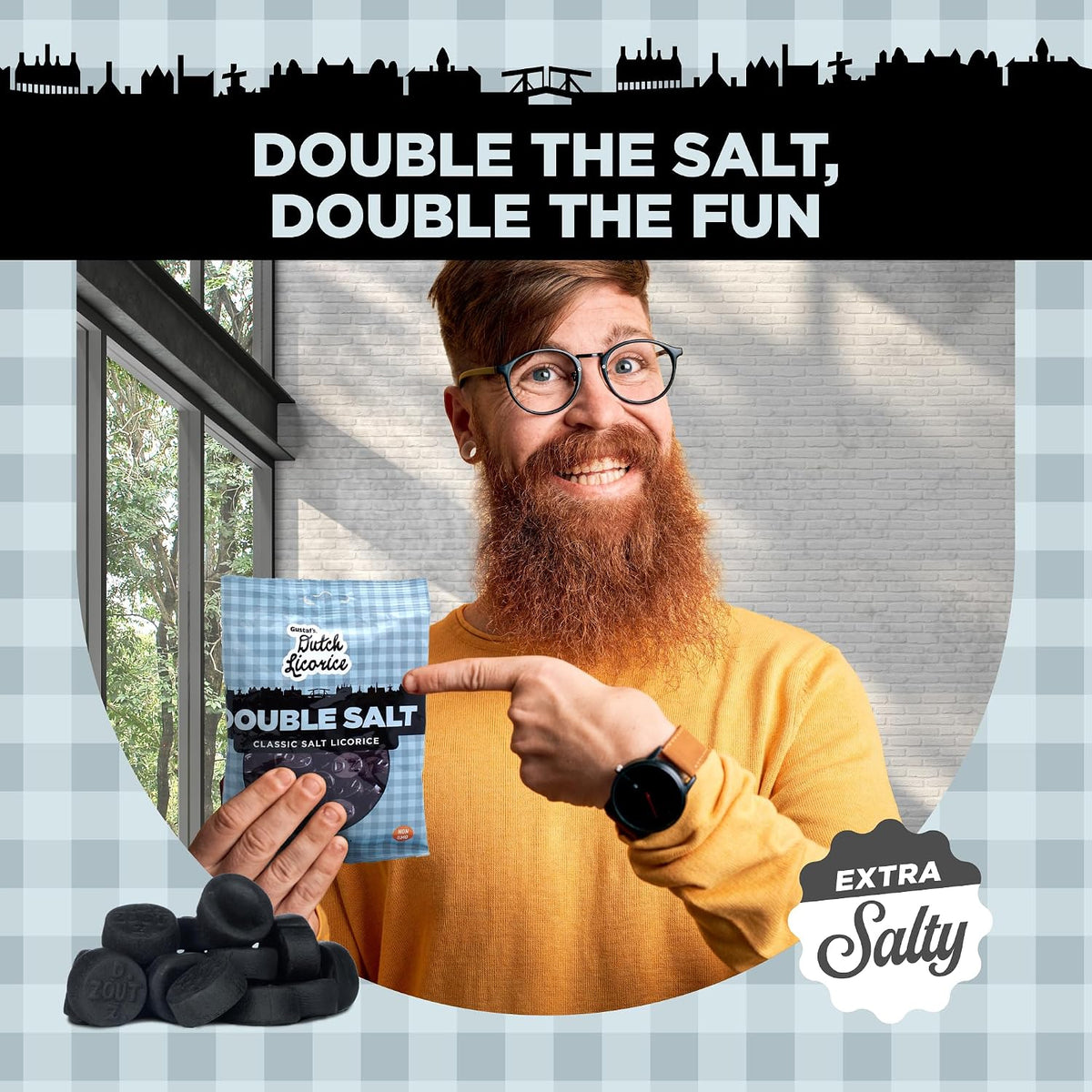 Side view of the 5.2 ounce packaging for Gustaf's Double Salt Dutch candy.