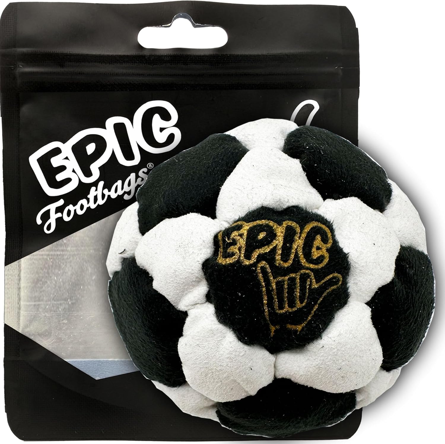 Epic Hacky Saks Classic 32 Panel Suede Foot Bag front view showing black and white Salt n Peppa design