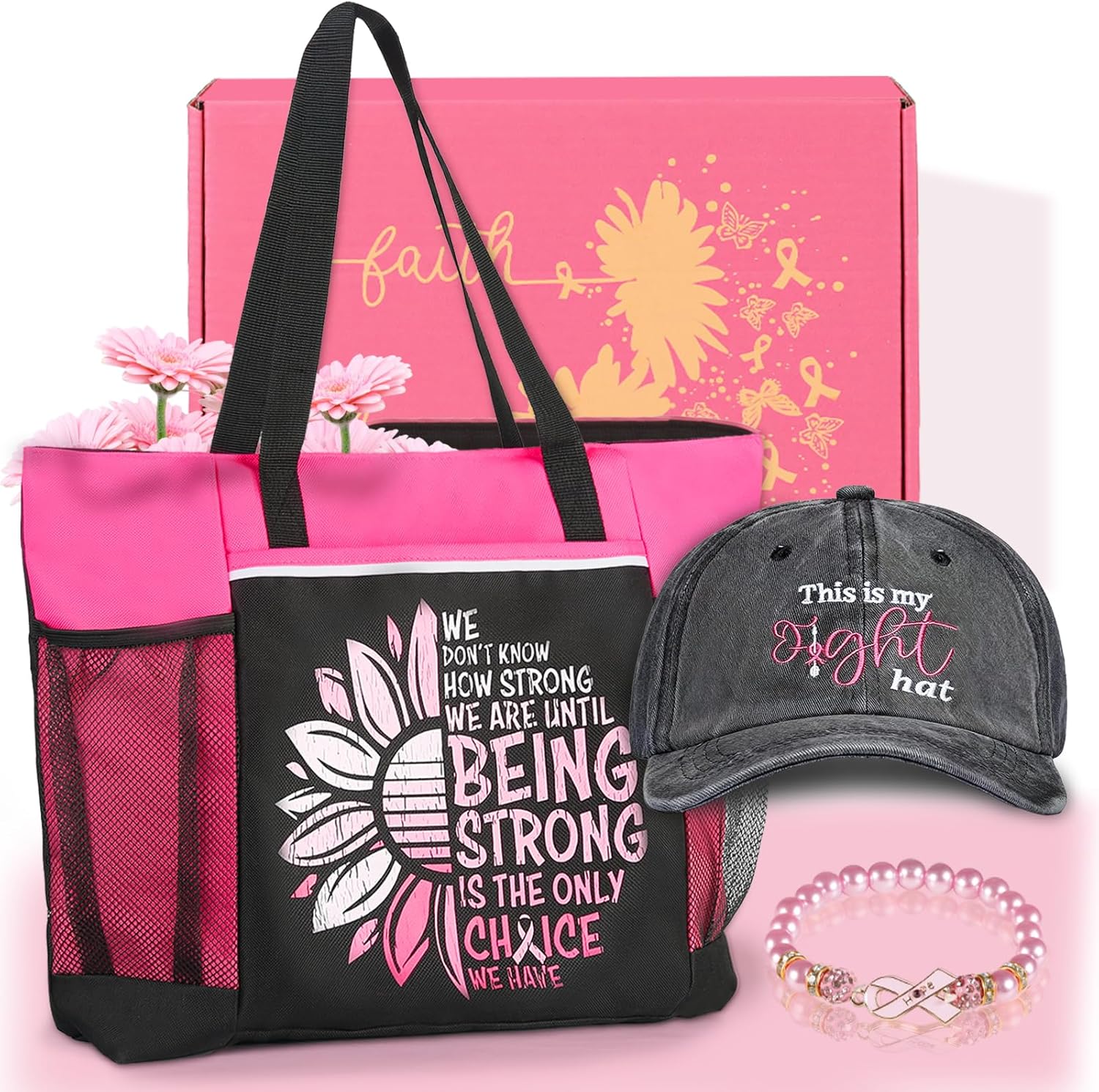 MACEVIA breast cancer awareness gift basket front view showcasing the complete pink and black themed care set