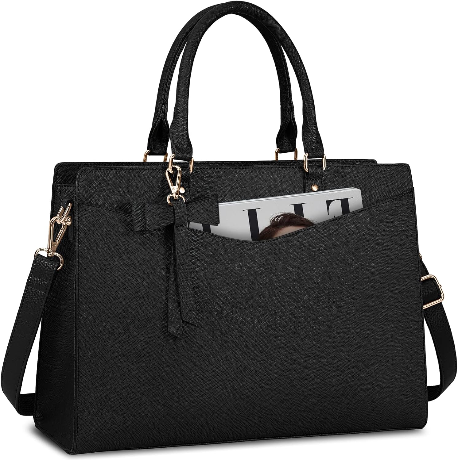 RAINSMORE laptop bag for women front view in black leather showing the premium golden hardware and decorative bow accent.