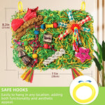 Woven seagrass mat bird toy with colorful paper shreds and loofah