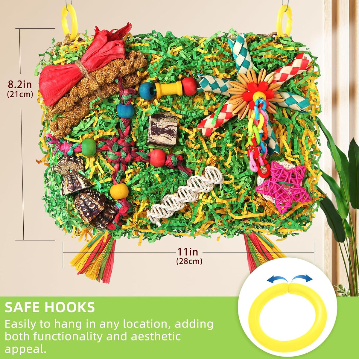 Woven seagrass mat bird toy with colorful paper shreds and loofah