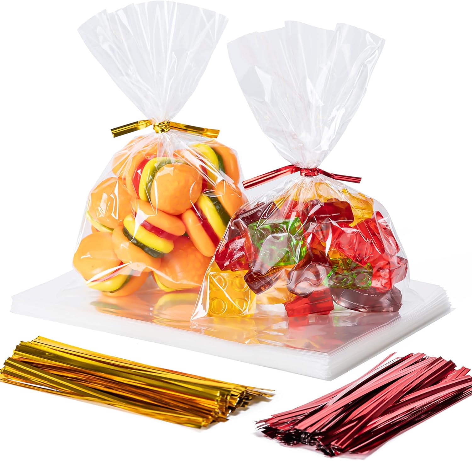 Aegero clear cellophane treat bags front view showing transparent plastic texture and packaging dimensions