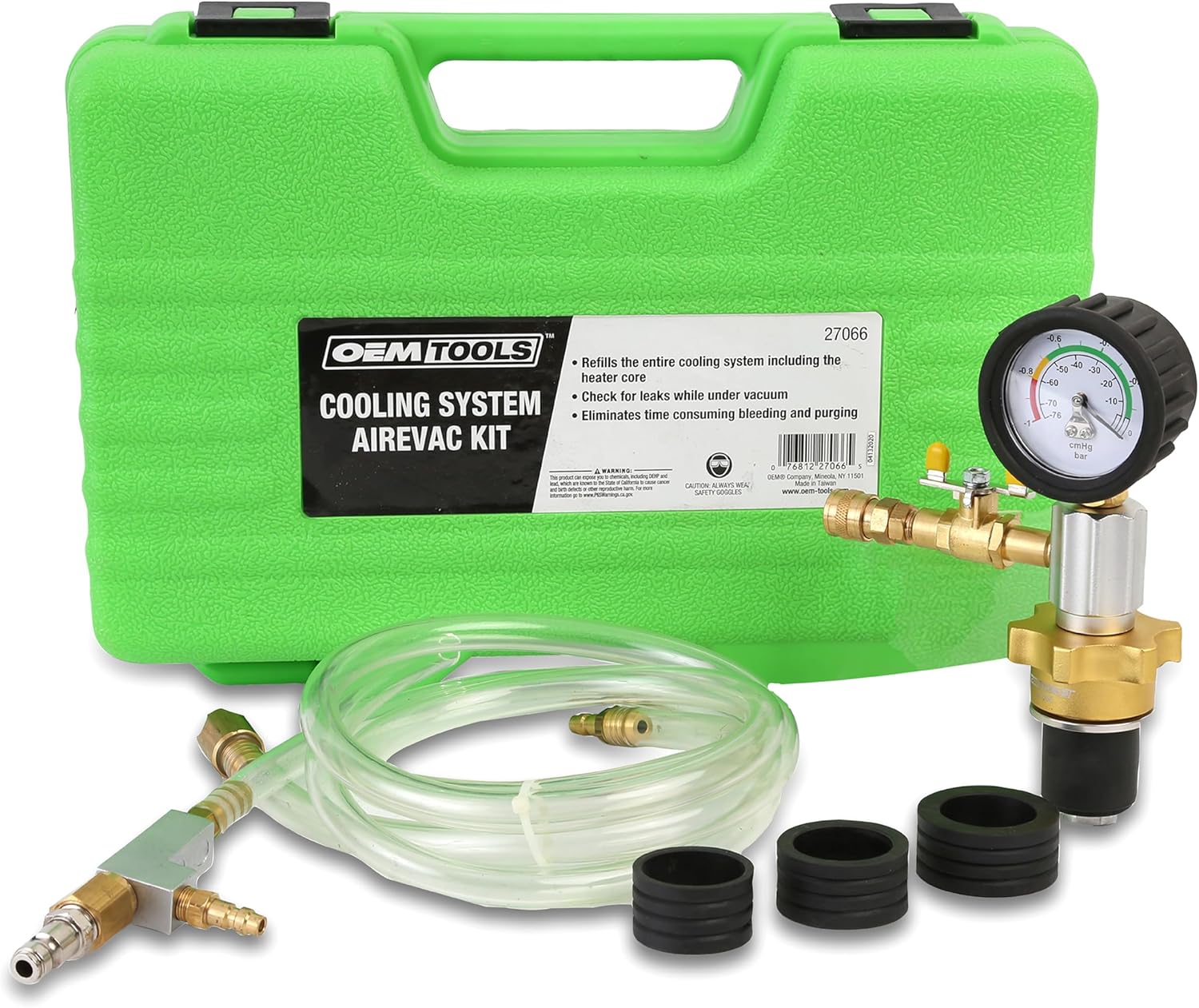 OEMTOOLS 27066 Coolant System Refiller Kit front view in green storage case for professional automotive repair.