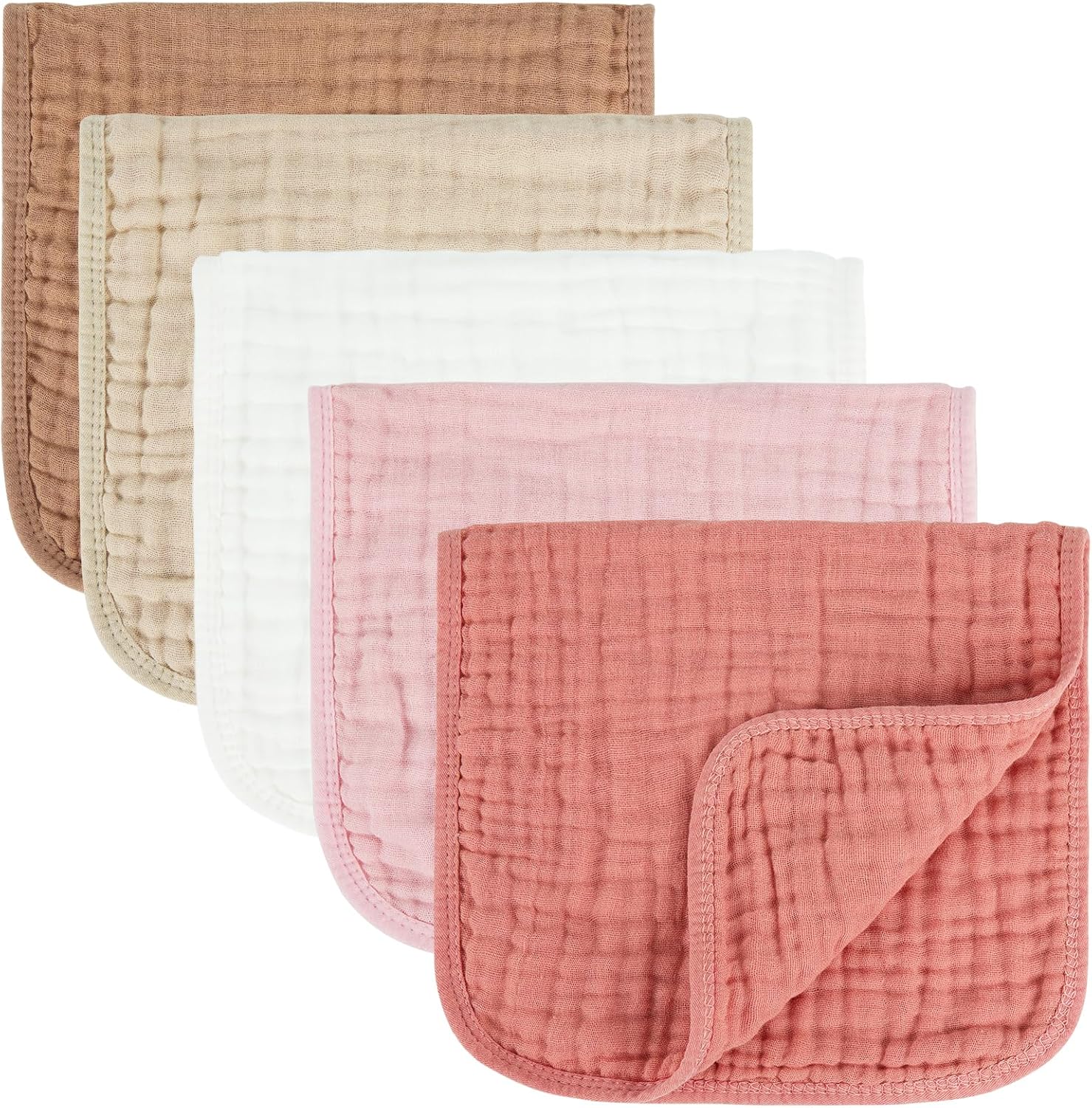 MIGIOL 100% Cotton Muslin Baby Burp Cloths front view showing premium pink and coffee five pack set