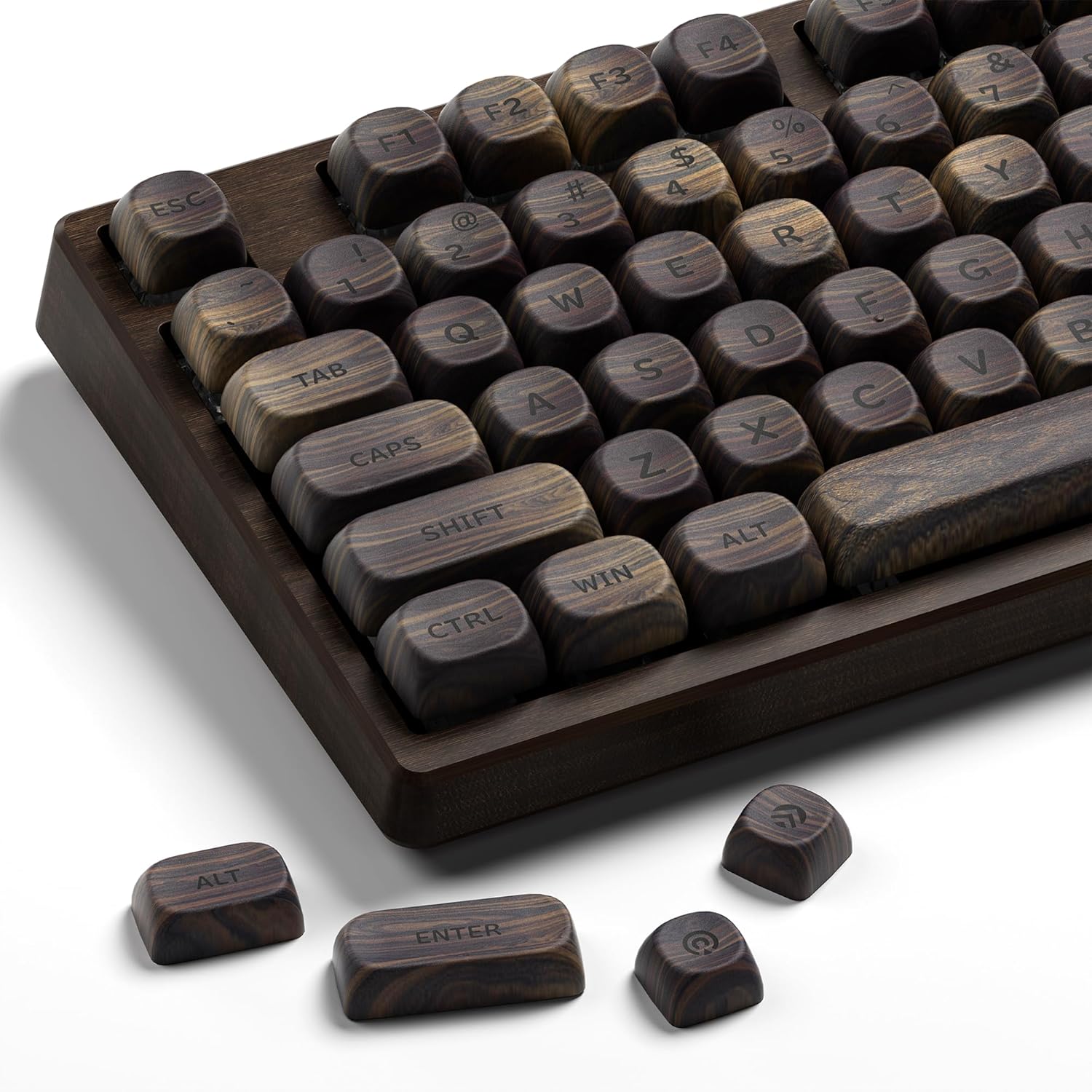 OHY XVX wood mechanical keyboard keycaps set front view on desktop layout