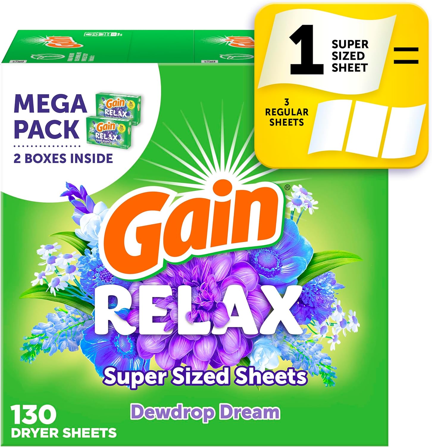 Gain Super Sized Dryer Sheets Relax 130 Count front pack view showing fabric softener sheets for static control.