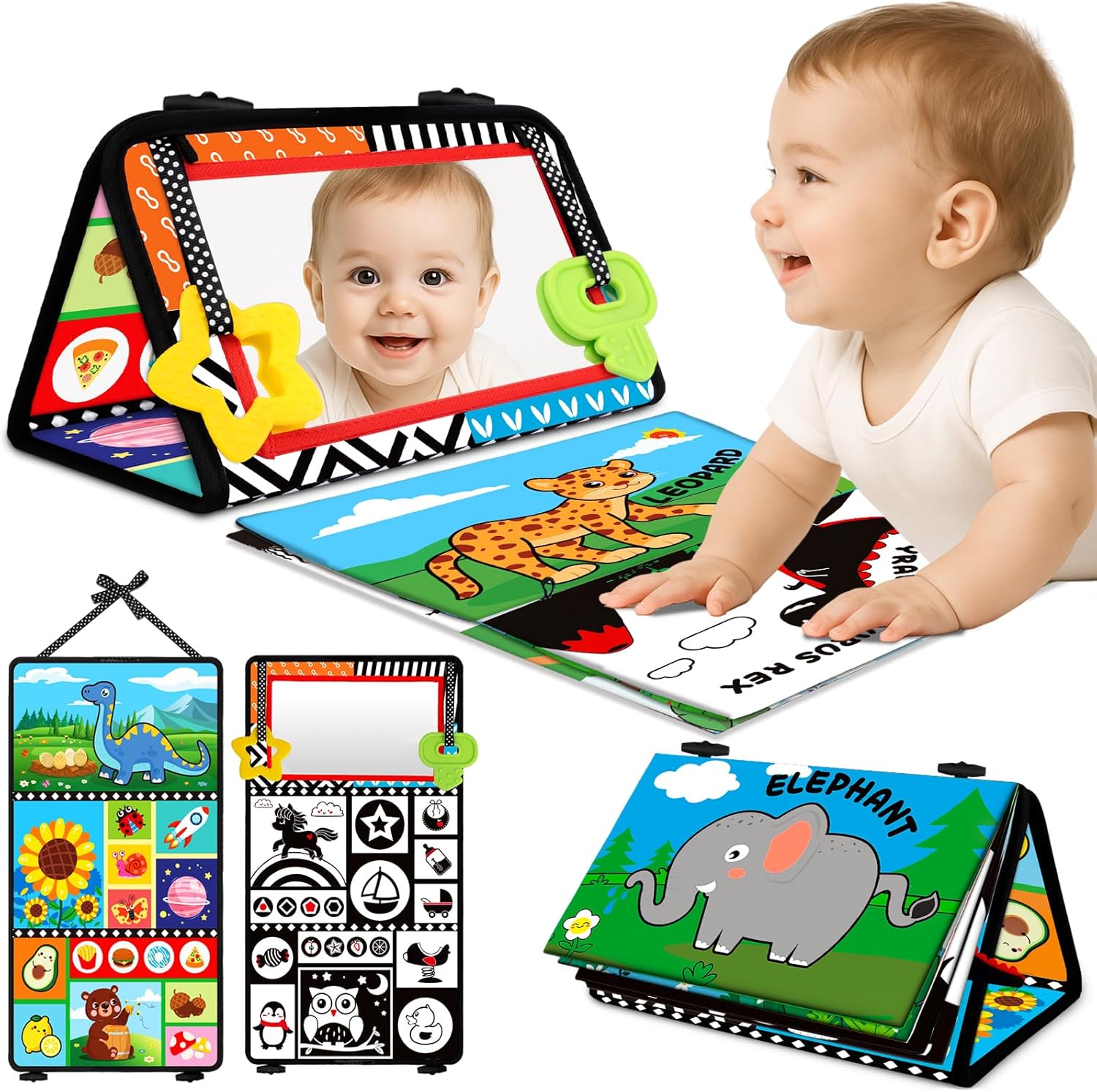 Aboosam baby tummy time high contrast mirror toy front view standing on a play mat.