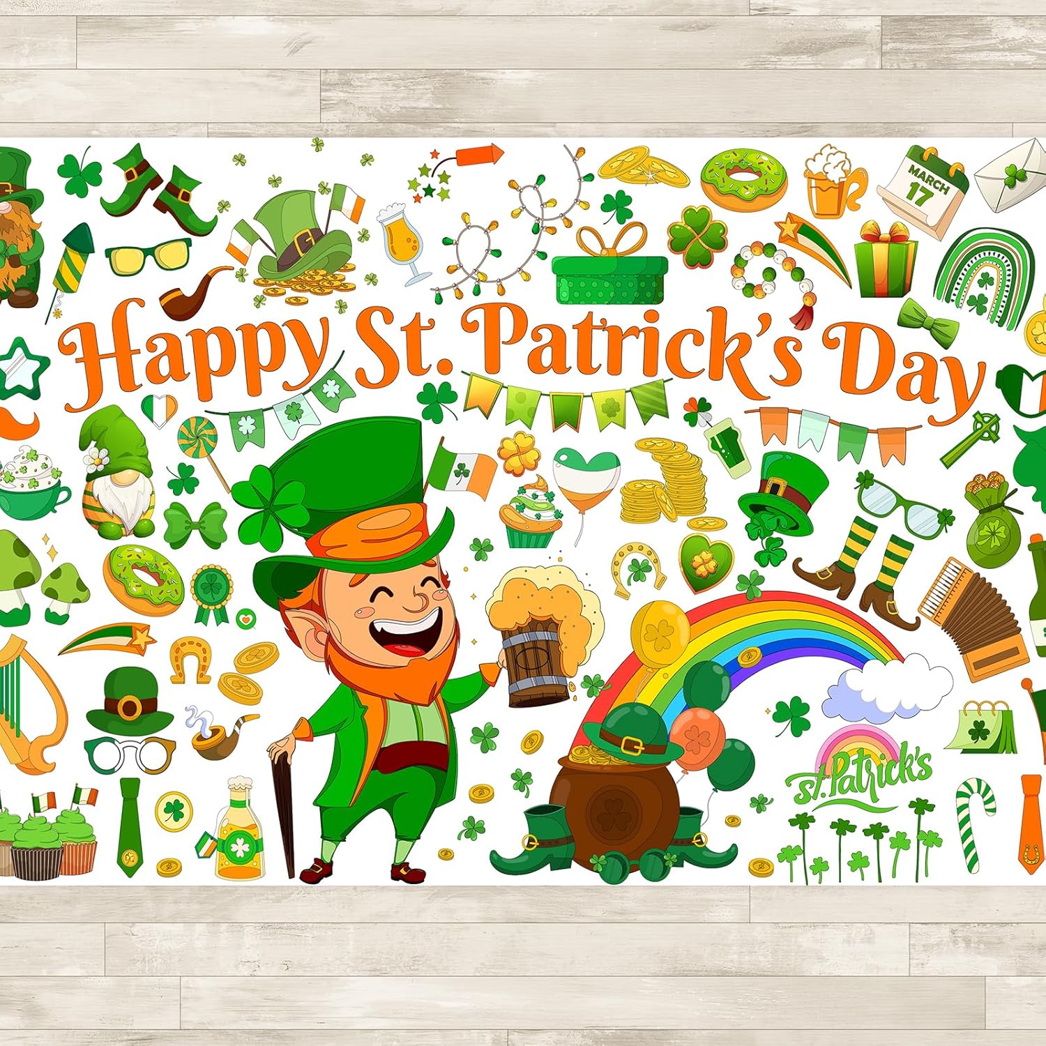 AinDen St Patricks Day Coloring Tablecloth front view showing leprechaun and shamrock outlines for kids crafting activities