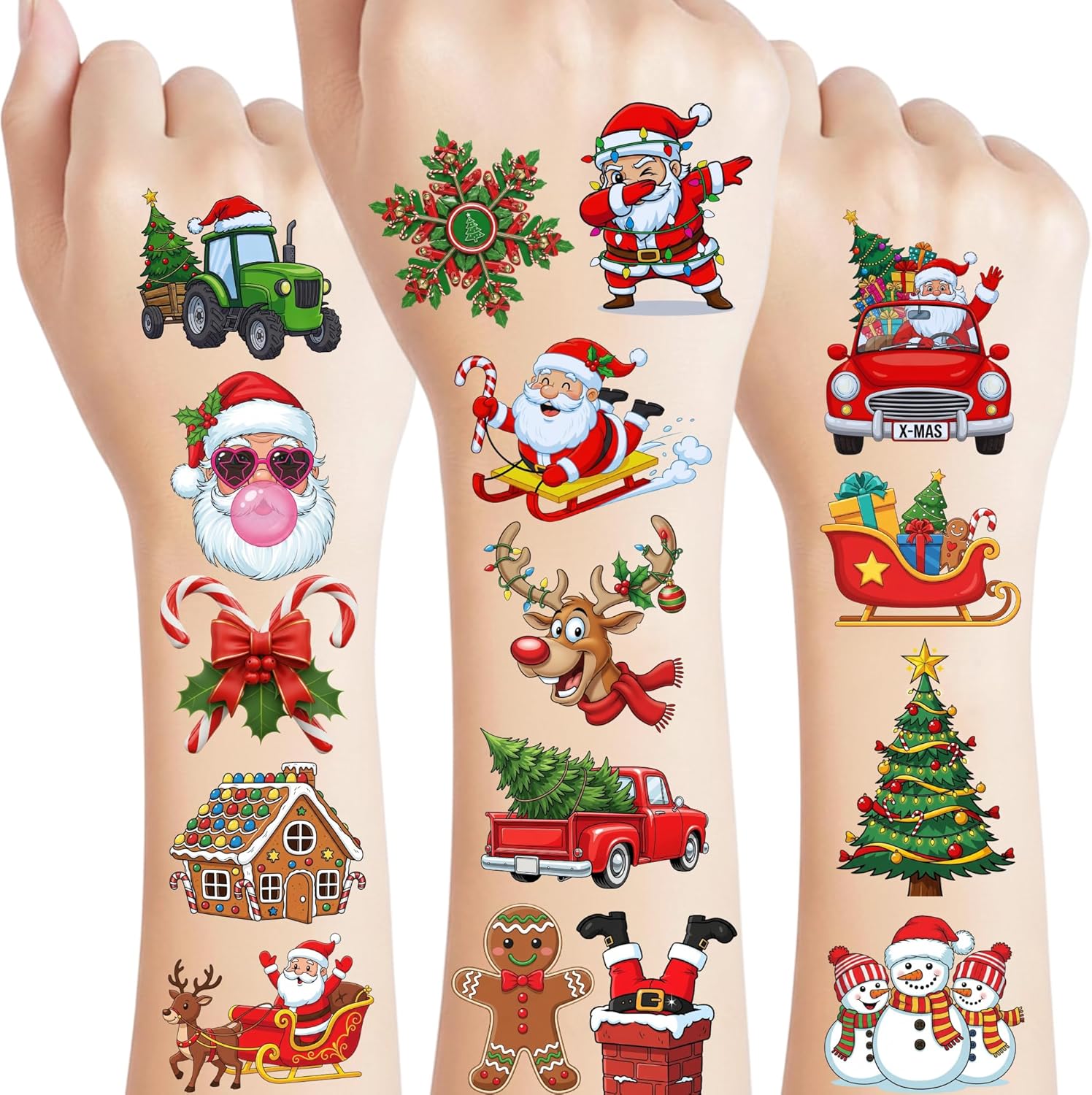 Backtopeia Christmas Temporary Tattoos 60 pieces front packaging view showcasing assorted Santa and reindeer designs.