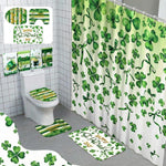 FuWeave St. Patricks Day shower curtain set front view featuring green shamrock designs in a decorated bathroom.