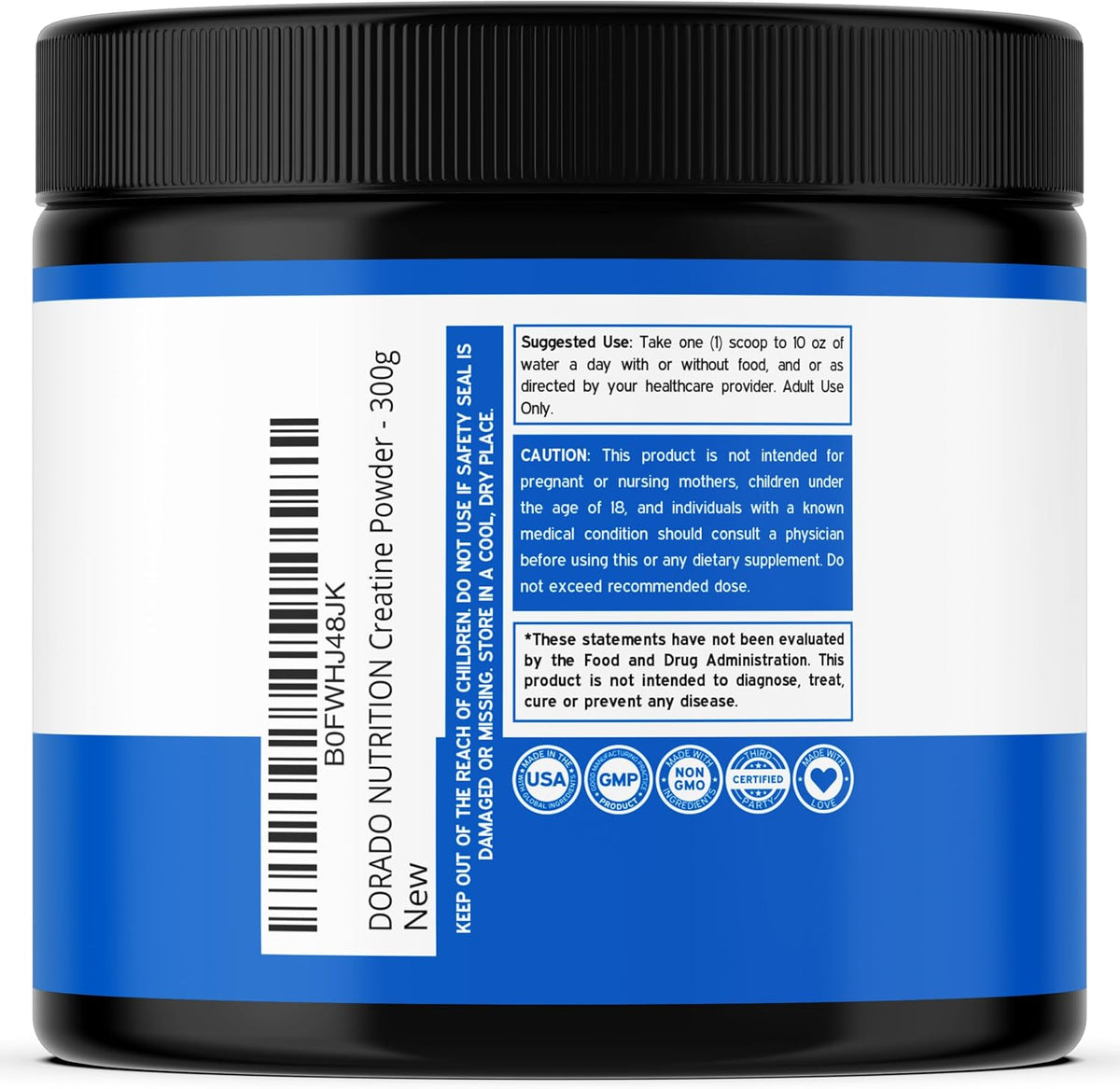 Dorado Nutrition 300 gram creatine container showing 60 servings