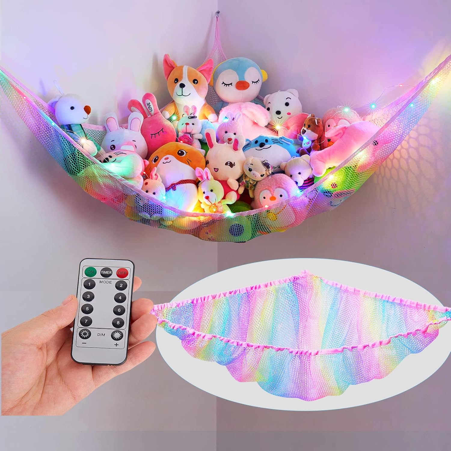 Unicorn Castle Stuffed Animal Net Hammock with LED lights front view