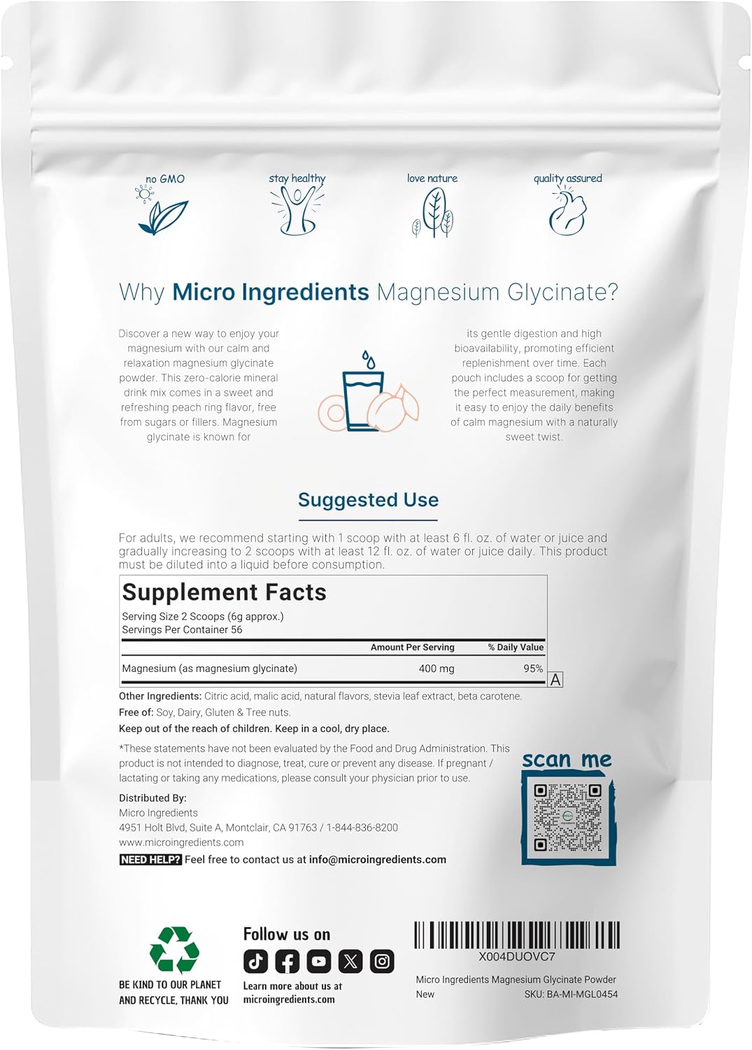 Sweet peach ring flavored magnesium powder pouch nutritional label view