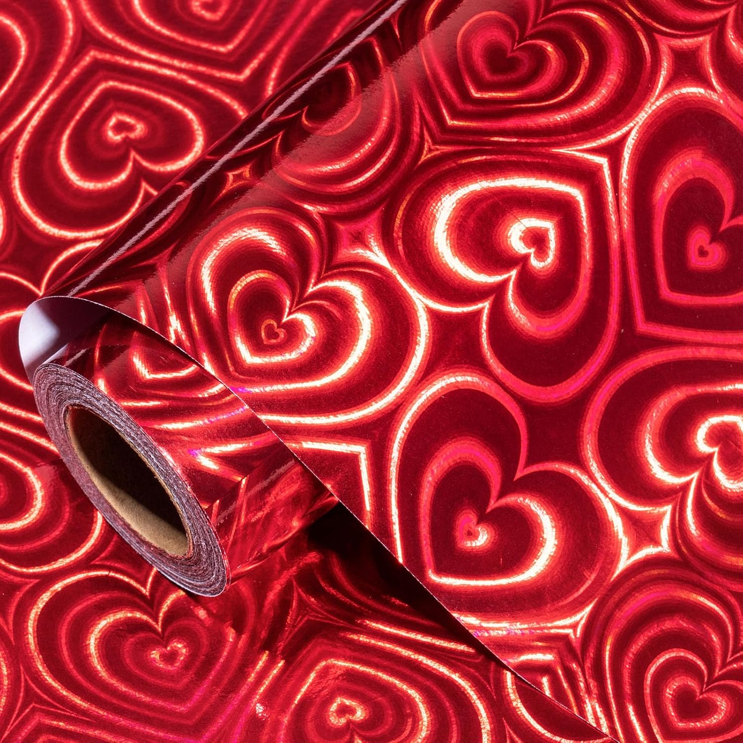LeZakaa Red Holographic Heart Wrapping Paper Roll front view showing shiny metallic heart patterns
