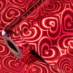 LeZakaa Red Holographic Heart Wrapping Paper Roll front view showing shiny metallic heart patterns