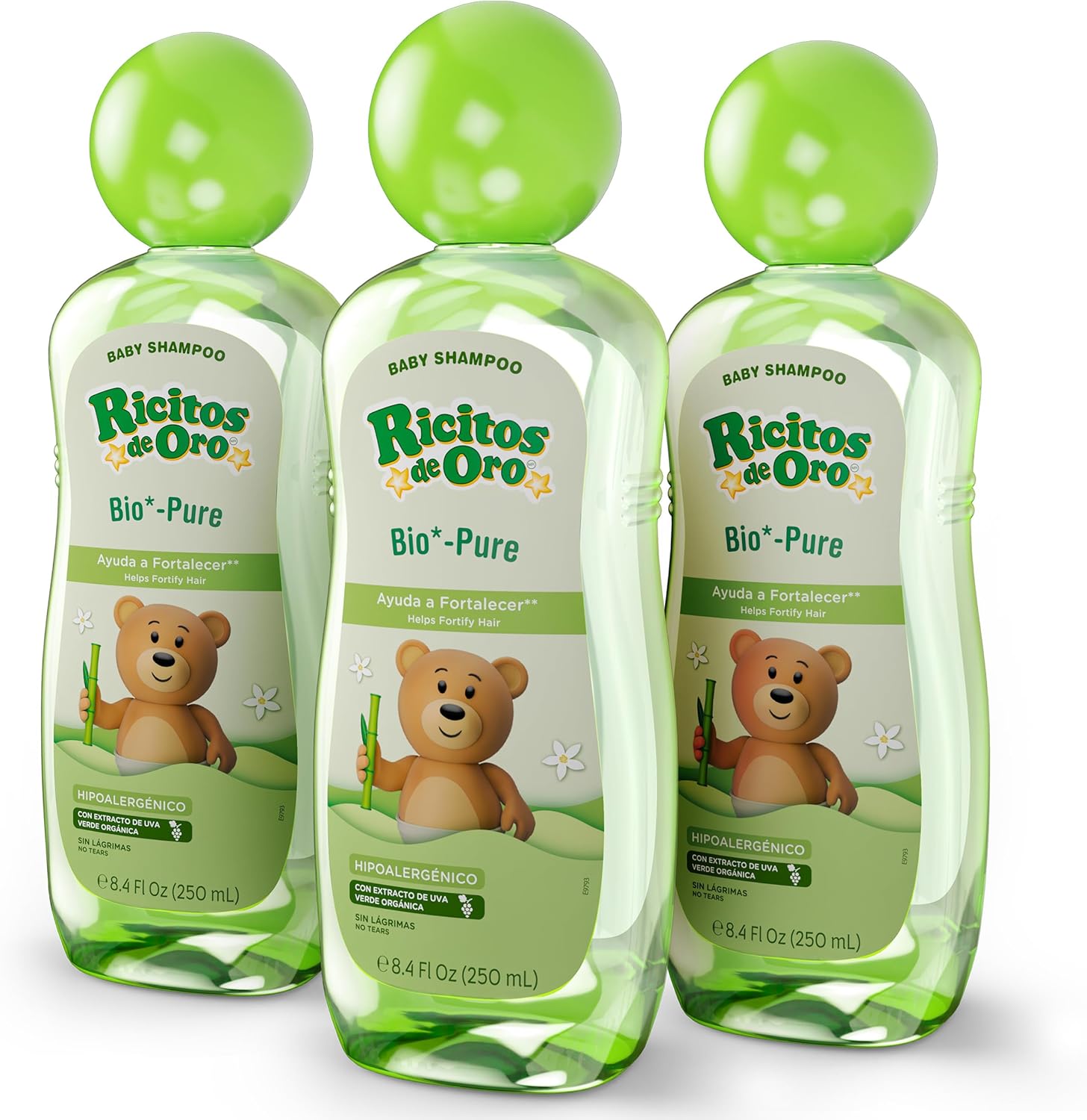 Ricitos de Oro Bio-Pure Baby Shampoo - Fortifies Hair, Adds Shine & Softness, Tear-Free Formula, Includes Rattle Cup, Gentle Daily Use, Ideal for Baby Hair Care, 250 ml, 3-Pack - Image 1